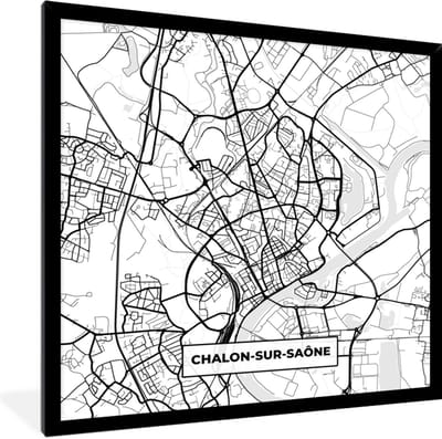 Fotolijst incl. Poster Zwart Wit- Plattegrond - Chalon-sur-Saône - Kaart - Frankrijk - Stadskaart - Zwart wit - 40x40 cm - Posterlijst