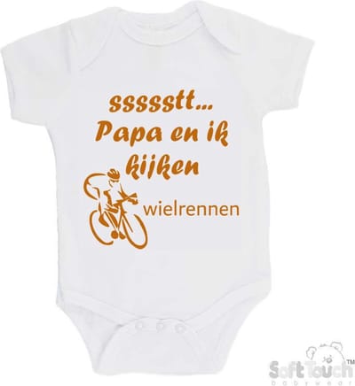 100% katoenen Romper "ssssstt... Papa en ik kijken wielrennen" Unisex Katoen Wit/tan Maat 56/62