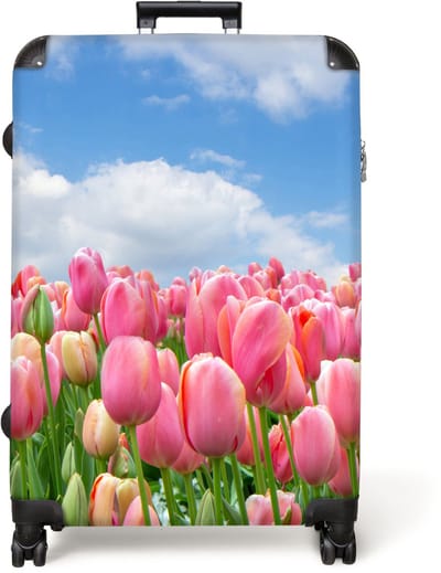 NoBoringSuitcases.com® - Koffer groot - Reiskoffer lichtgewicht - Bloemen - Tulpen - Landschap - Roze - Natuur - Rolkoffer met 4 wielen - Grote trolley XL - 98 liter bagage