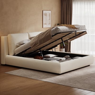 DESMIU Gestoffeerd Bed 180x200 cm – Tweepersoonsbed Met Ergonomisch Hoofdbord – Hydraulische Opbergruimte – Zonder Matras – Bouclé – Beige