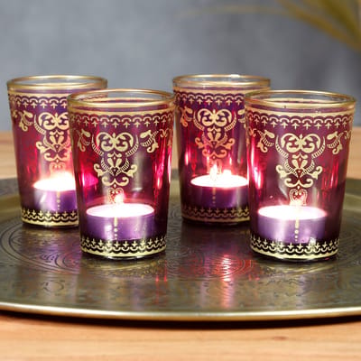 waxinelichthouders - Set van 6 glazen - kaarsenhouders - theeglazen Violet-Paars goud