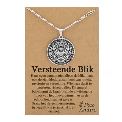 Medusa Ketting op Cadeau Kaartje - Zilverkleurige Mythologie Talisman - Roestvrij Staal - 60cm - Pax Amare