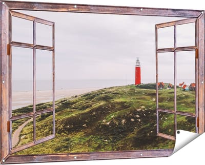 Gards Tuinposter Doorkijk Vuurtoren Texel - 150x100 cm - Tuindoek - Tuindecoratie - Wanddecoratie buiten - Tuinschilderij