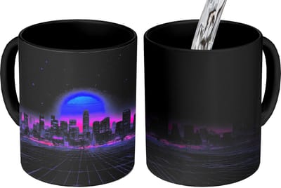 Magische Mok - Foto op Warmte Mokken - Koffiemok - Skyline - Zon - Neon - Rasterpatroon - Magic Mok - Beker - 350 ML - Theemok