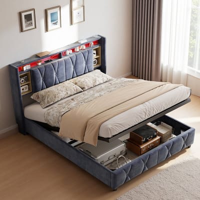 Gestoffeerd bed met led-verlichting en usb-poort, 160x200cm, opbergbaar hoofdbord, hydraulische stang, fluweel, grijs, exclusief matras