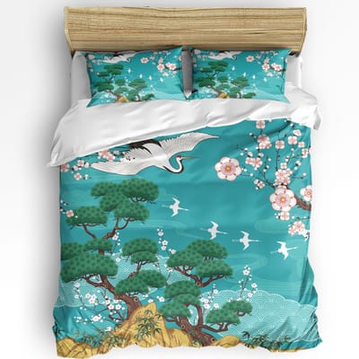 Japanse Stijl Sakura Kersenbloesem Roze Bloem 3-delige Beddengoedset Voor Tweepersoonsbed Hometextiel Dekbedovertrek Quiltovertrek Kussensloop AU Single(140x210cm)