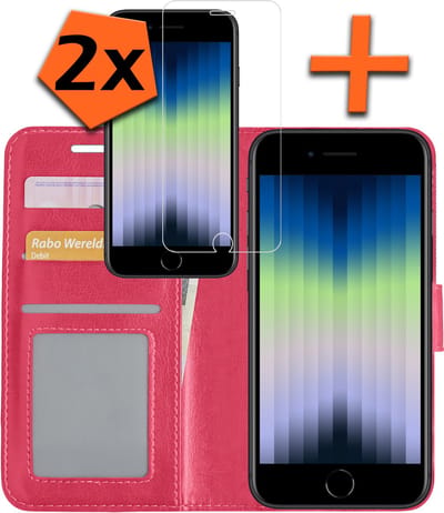 Hoes - Met 2x Screenprotector - Geschikt voor Apple iPhone SE (2022) - Luxe Pasjeshouder - Bookcase Portemonee - Flip Case - Kunstleer Book Case - Flipcase Hoes - Book Cover - Walletcase - PortemonneeHoes - Donkerroze