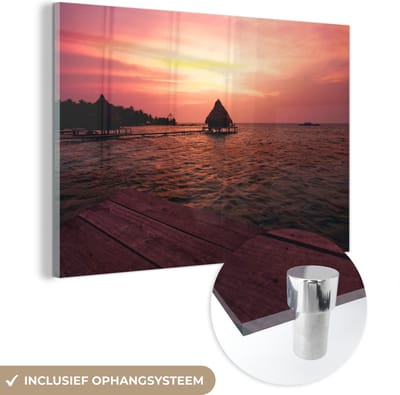 ® Glasschilderij 180x120 cm - Schilderij acrylglas - Zonsondergang in Glover’s Reef in Belize - Foto op glas - Muurdecoratie woonkamer - Wanddecoratie slaapkamer - Schilderijen