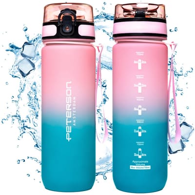Peterson - Drinkfles Tritan - Waterfles 750 ml - BPA Vrij - Met Tijdmarkering - Roze & Blauw
