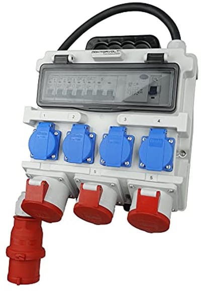 Power Distributor with Ball Sockets for Construction, 4x230V, 2x16A, 1x32A, Safety Switch