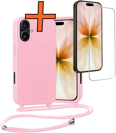 Hoesje Geschikt voor iPhone 17 Hoes Met Telefoonketting Met Screenprotector - Backcover Geschikt voor iPhone 17 Case Met Koord - Lichtroze