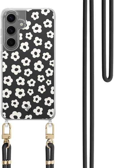 Casimoda® hoesje met koord - Geschikt voor Samsung S24 Plus - Retro Bloempjes - Afneembaar koord - TPU/polycarbonaat - Zwart
