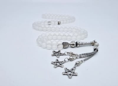 Handgemaakte tesbih "Tasbih" natuursteen "Selenite" - Aantal kralen 99 - Diameter kralen 8MM - met metaal tassel "Grote sterren" - Een mooi cadeau-idee