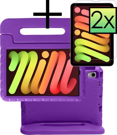 Hoes - Geschikt voor Apple iPad Mini 6 (2021) - 8.3 inch - 6e Generatie - Met 2x Screenprotector - Kinderhoes Shockproof Bumper - Kidsproof Case - Tablet Hoesje - Kinder Cover - Paars