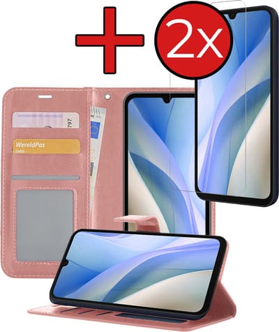 Hoesje - Met 2x Screenprotector - Geschikt voor Samsung Galaxy A15 - Luxe Pasjeshouder - Flip Case - Bookcase Portemonee - Kunstleer Book Case - Flipcase Hoes - Book Cover - Walletcase - Portemonneehoes - Telefoonhoes - Rosé goud