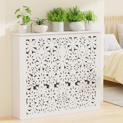 Radiatorhoes - Verwarmingskast Opbergplank - Woonkamer Decoratie - Bloemvormige Warmteafvoergaten - 354 x 314 x 59 cm - Wit