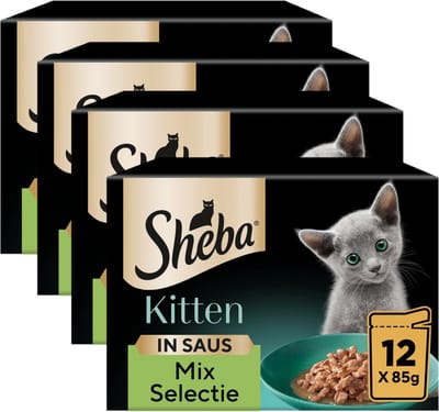 Sheba Kattenvoer - Kitten Mix Selectie in Saus met Zalm & Kip - Maaltijdzakjes 48x85gr