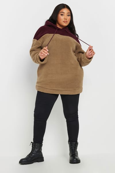 Yours Hoodie Van Fleece Met Kleurvlakken In Beige/Bordeauxrood Size 46