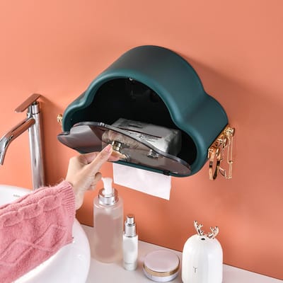 Wandgemonteerde tissuehouder met zijhaken Waterdichte Eenvoudige Modieuze Tissuebox voor Badkamer Dark Green black