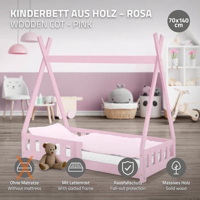 Huisbed Tipi 70x140 cm Roze met Valbeveiliging en Lattenbodem van Grenenhout