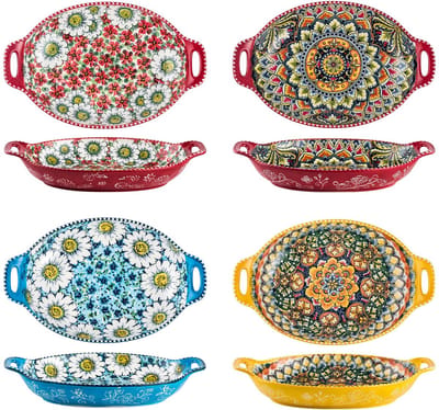 Set van 4, porseleinen grote pastakom/fruitschalen met handgrepen - 947 ml, levendige kleuren grote boho-kommen serveerschalen voor entertaining/feest/Kerstmis