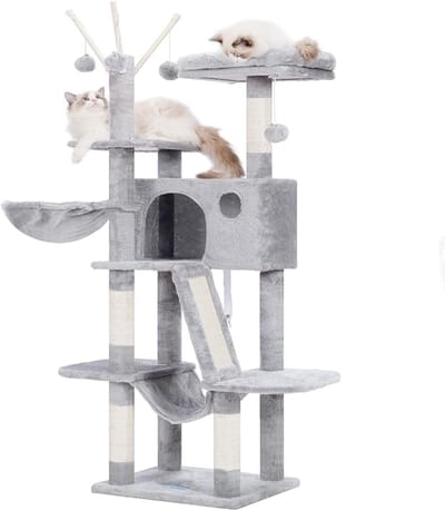 Krabpaal voor Katten 135 cm – Indoor Kattenboom – Met Platformbed, Hangmat, Holletjes & Speelgoed – Sisal – Lichtgrijs