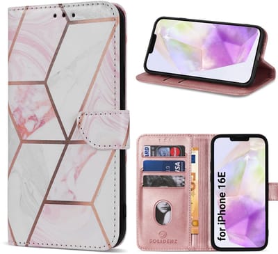 Multimedia & Accessoires Lederen Book Case Hoesje geschikt voor Apple iPhone 16e/iPhone 17e – Marmer – Roze -Telefoonhoesje – Met Stand – Kaarthouder – Pasjes Houder – Magneet Sluiting – Bookcase