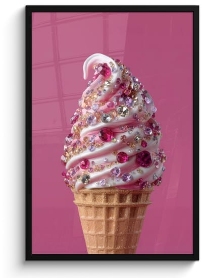 Poster in lijst - Fotolijst 60x90 cm - Posters - Softijs - Edelstenen - Roze - Hoorntje - Posterlijst zwart - Decoratie - Wanddecoratie woonkamer - Muurdecoratie slaapkamer