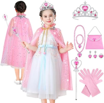 11-delige Prinsessen Cape Set voor Kinderen met Kroon, Toverstok, Sieraden, Handschoenen en Tas, Kleurrijke Sequins voor Carnaval en Cosplay