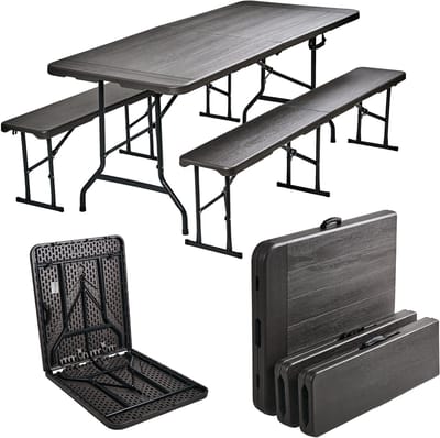 TRUTZHOLM - Biertentset 180 x 75 cm - Grijs Houtoptiek - Inklapbaar - Partytafel met 2 Bierbanken - Weerbestendig