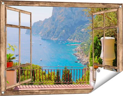 Gards Tuinposter Doorkijk Vergezicht vanaf het Terras op Bergen - 90x60 cm - Tuindoek - Tuindecoratie - Wanddecoratie buiten - Tuinschilderij