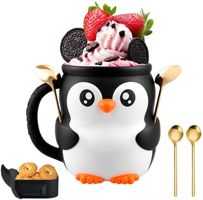 carmdering - Ijsbekerhouder - Ijsbekerhoes - Cadeaus - Pinguïn ontwerp, 3D geprint, met verborgen lade - 14×15 cm, antislip, voorkomt condens - Comfortabel handvat, incl. 2 lepels - Perfect voor feestjes en verzamelaars