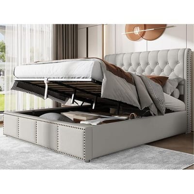 ModernLuxe Gestoffeerd linnenopbergbed - versierd met klinknagels - met lattenbodem - 180x200cm - Lichtgrijs
