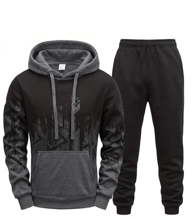 Zwart donkergrijs fitness trainingspak heren hoodie en jogging broek sport pak met capuchon trekkoord elastische tailleband trainings set vrijetijds pak maat M