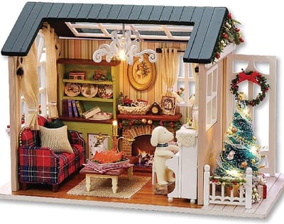 Poppenhuis Houten Handcraft - Miniatuur Woonkamer Model - Creatief Hobby Project - Gedetailleerde Meubels Inclusief