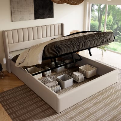 VVBV Gestoffeerd Opbergbed 180x200 cm - Hydraulische Opbergruimte, Opbergruimte, Lattenbodem - Linnen Beige Zonder Matr - 8AAB