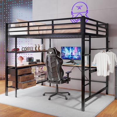 Hoogslaper - 140x200cm - met LED-verlichting - bureau - USB-aansluiting - 3 laden - zonder matras - zwart