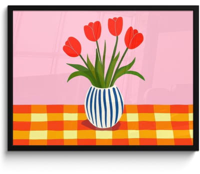 Poster in lijst - Fotolijst 80x60 cm - Posters - Tulpen - Roze - Vaas - Posterlijst zwart - Decoratie - Wanddecoratie woonkamer - Muurdecoratie slaapkamer