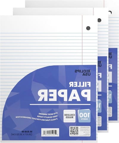 Notitieboekpapier, losbladig papier (3 stuks), college gelinieerd papier, 26,7 cm x 20,3 cm, vulpapier, 100 vellen per verpakking, 60 g/m² (3 stuks)