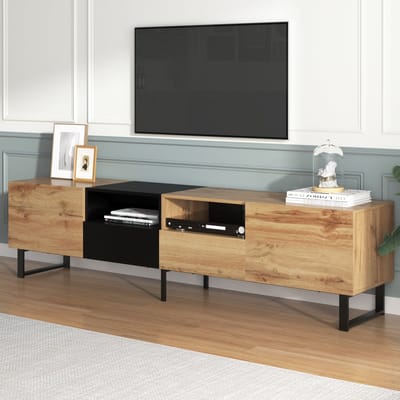 REDOM TV-meubel 190x38x48 cm van MDF, zwart en naturel hout, met deuren en lades en veel opbergruimte