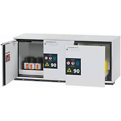 Veiligheidskast type 90 asecos UB-ST-90, 1 lade, 2 draaideuren, voorzijde lichtgrijs, B 1402 x D 502 x H 600 mm