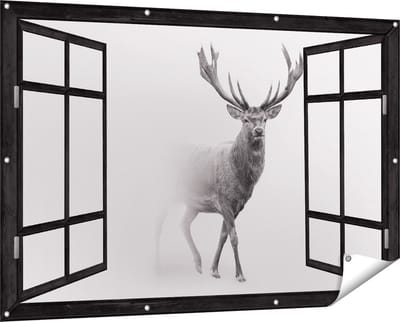 Gards Tuinposter Doorkijk Hert - Zwart Wit - 150x100 cm - Tuindoek - Tuindecoratie - Wanddecoratie buiten - Tuinschilderij