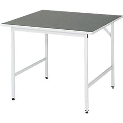 Rau werktafel Jerry, handmatig in hoogte verstelbaar, 25 mm spaanplaat met linoleum bekleding, tot 300 kg, B 1000 x D 1000 x H 800-850 mm, lichtgrijs/lichtgrijs