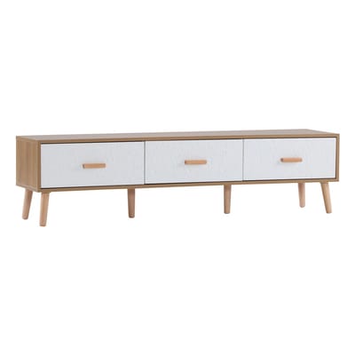Het tv-meubel in retro-stijl, van licht hout met witte deurafwerking en een retro-patroon.