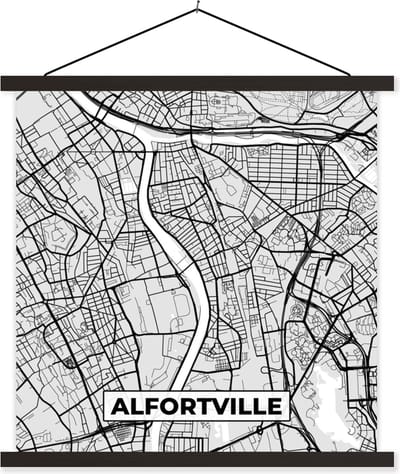 Posterhanger incl. Poster 60x60 cm - Schoolplaat - Plattegrond - Alfortville - Stadskaart - Kaart - Frankrijk - Textielposter - Zwarte latten - Stadskaart