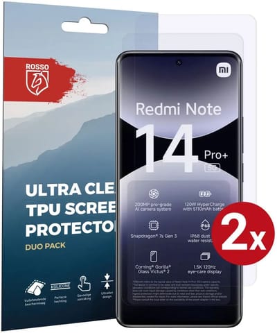 Rosso Screen Protector Geschikt voor Xiaomi Redmi Note 14 Pro Plus | Ultra Clear Duo Pack | TPU Folie | Case Friendly Beschermfolie | 2 Stuks