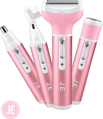 J.E Ladyshave 4-in-1 Vrouwen – Draadloos Scheerapparaat – Gezicht, Bikinilijn, Oksels & Wenkbrauwen – Waterdicht – Inclusief Opzetstukken