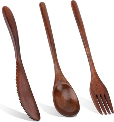 3-delige Houten Bestekset, Draagbaar en Herbruikbaar Bestek met Mes, Vork en Lepel voor de Keuken, Duurzaam en Milieuvriendelijk