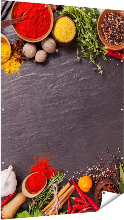 Gards Tuinposter Verschillende Kruiden op een Zwarte Tafel - 120x180 cm - Tuindoek - Tuindecoratie - Wanddecoratie buiten - Tuinschilderij