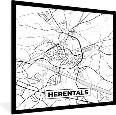 Fotolijst incl. Poster Zwart Wit- Zwart Wit – België – Plattegrond – Stadskaart – Kaart – Herentals - 40x40 cm - Posterlijst